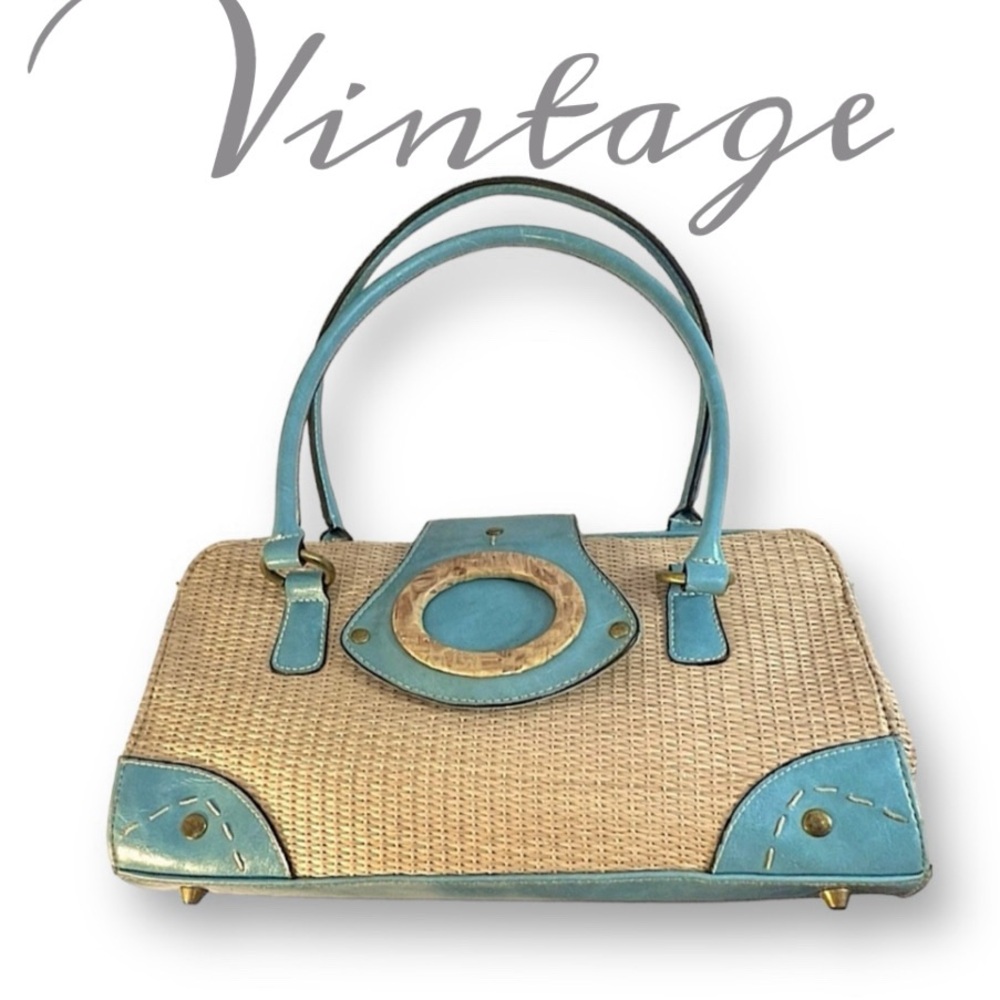 VINTAGE 70s Faux Straw and Aqua Satchel - Picture 12 of 14